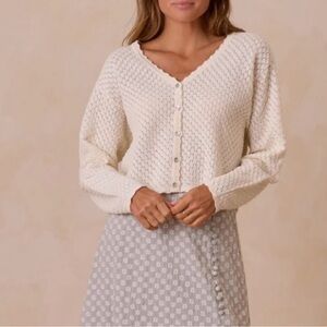 Rylee + Cru Ella Cardigan Cream Button Front Size XL Cotton Scalloped Trim Ivory